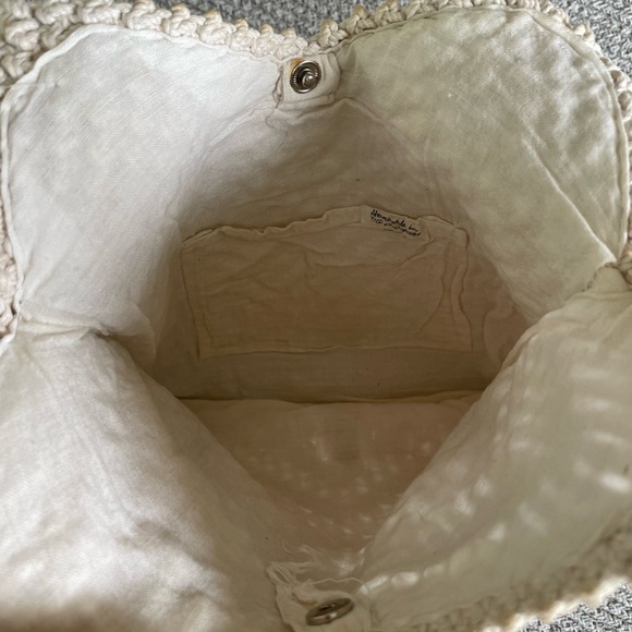 Vintage Ivory Crochet Wood Bead Detail Woven Cotton Lined Satchel Purse Handmade - Picture 6 of 11